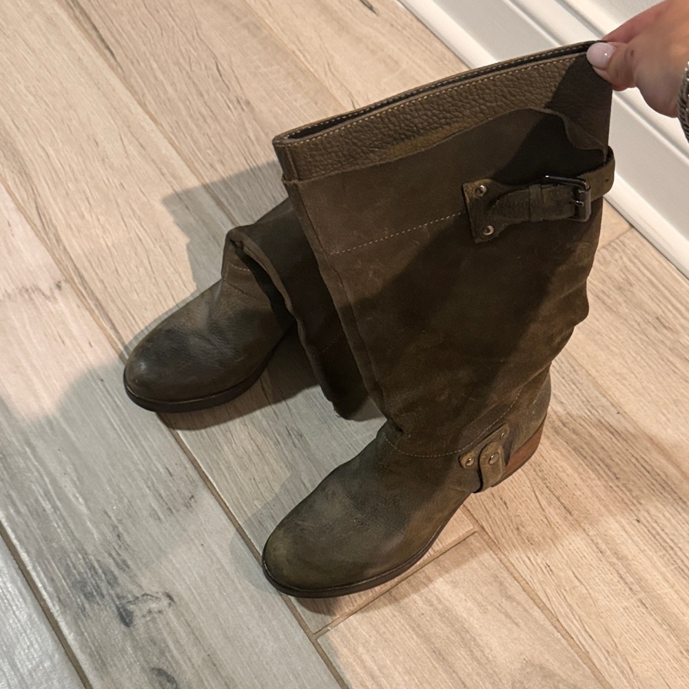 Vera Wang Olive Green Leather-Suede Mid-Calf Buckle Boot